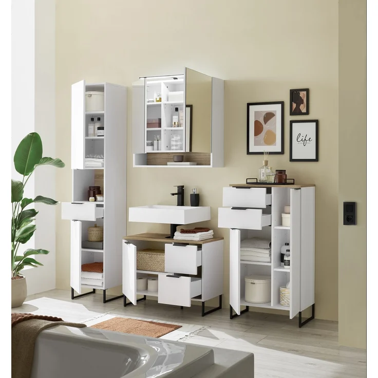 Hochschrank >Denver< 2 Türen, 1 Schublade, weiß / evoke eiche dekor - 38x195x32cm (BxHxT) – Bild 6