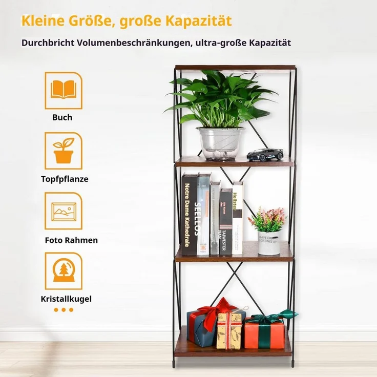 BlingBin Bücherregal 4-stufiges Vintage Standregal Mehrstufen-Aufbewahrungsregal, 1 Stück 1-tlg, freistehendes Regal aus Metall & Holz,für Schlafzimmer,Wohnzimmer,Büro – Bild 4