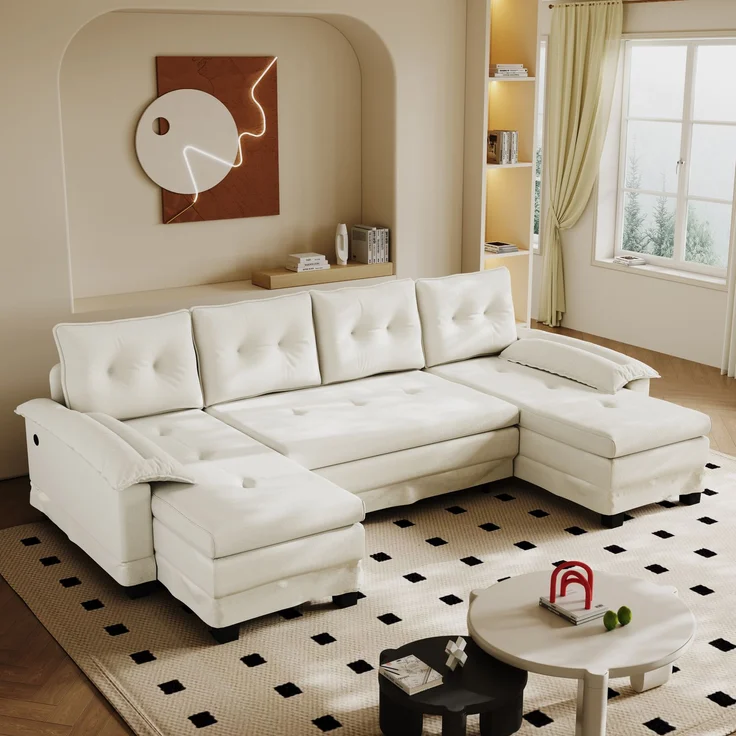 ZUBALIYA Schlafsofa 127x87 cm, mit USB - Anschluss, mit Ausziehbett, mit Chenille - Bezug, mit Samtbezug, modular aufgebaut, Weiß – Bild 6
