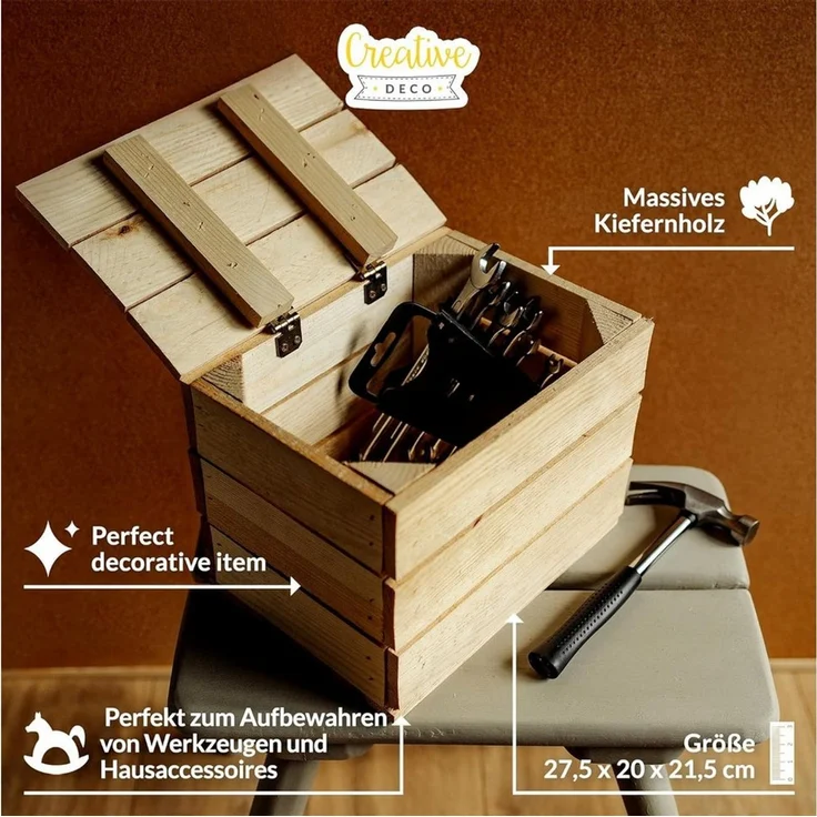 Creative Deco Aufbewahrungsbox Holztruhe Holzkiste mit Deckel Spielzeugkiste Holzbox, mit Scharnieren – Bild 3