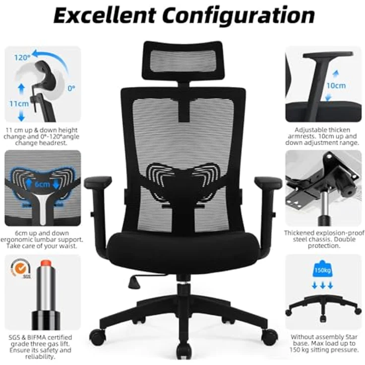 Daccormax Bürostuhl Ergonomisch, Schreibtischstuhl mit Verstellbarer Kopfstütze, Armlehnen, Lendenwirbelstütze, Drehstuhl Wippfunktion bis 135°, Chefsessel aus Mesh,Rückenschonend, Bürostuhl 150kg – Bild 8