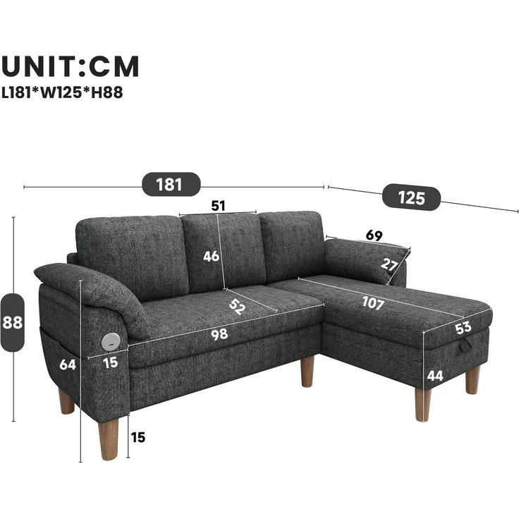 Ecksofa 181x125x88 cm in Dunkelgrau mit Stauraum-Chaiselongue und USB-Anschluss – Bild 5