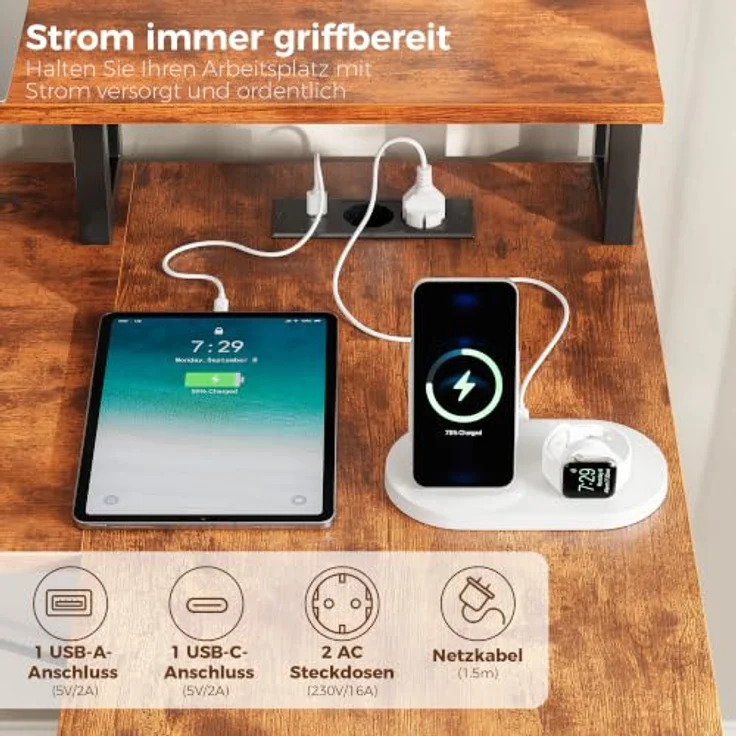 IRONCK Schreibtisch L Form Gaming Tisch mit LED & Steckdosen 2AC+1USB+1C, 189x100cm Eckschreibtisch mit 6 Schubladen&Monitorständer, Reversible Computertisch mit Stauraum für Home Office Vintagebraun – Bild 5