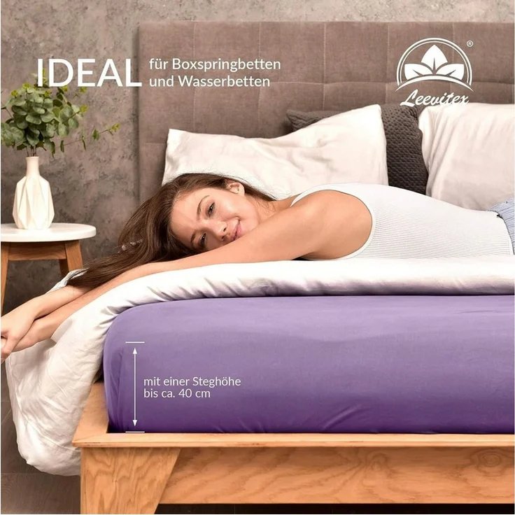 leevitex® Spannbettlaken, Premium 170g/m², Gummizug: rundum, schwer und dick, 100% Jersey-Baumwolle, Flieder / Lavender, 90 x 200 - 100 x 220 cm – Bild 4