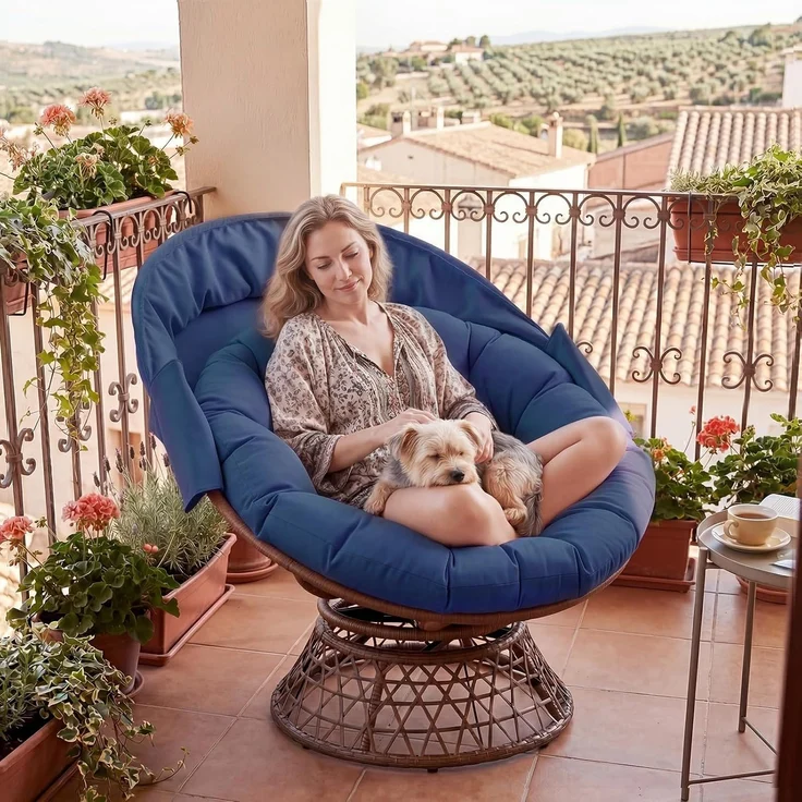 COMHOMA Papasansessel, gemütlicher Drehsessel mit Kissen rund, bequemer Rattansessel, Loungesessel drehbar, runder Relax Korbsessel Rattan für Wohnzimmer, Leseecke, Lounge - BLAU – Bild 2