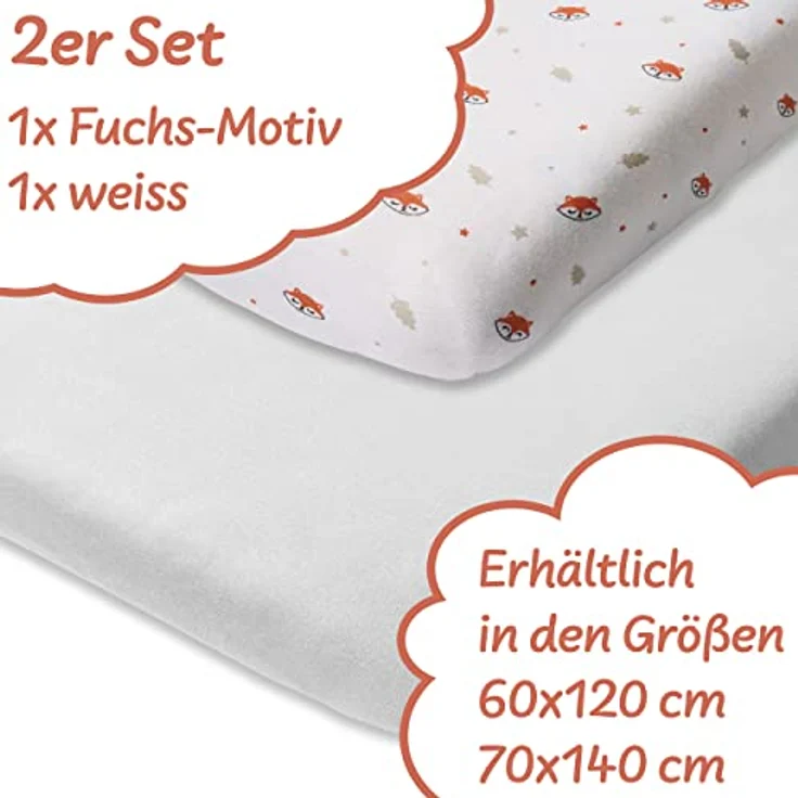 Koru Kids Spannbettlaken Motiv Fuchs, passend zu Kinderbettwäsche Fuchs, 100% Baumwolle, Gummizug: Rundum-Gummizug, (2 Stück), Liebevolles Design mit kleinen Füchsen und Sternchen – Bild 3