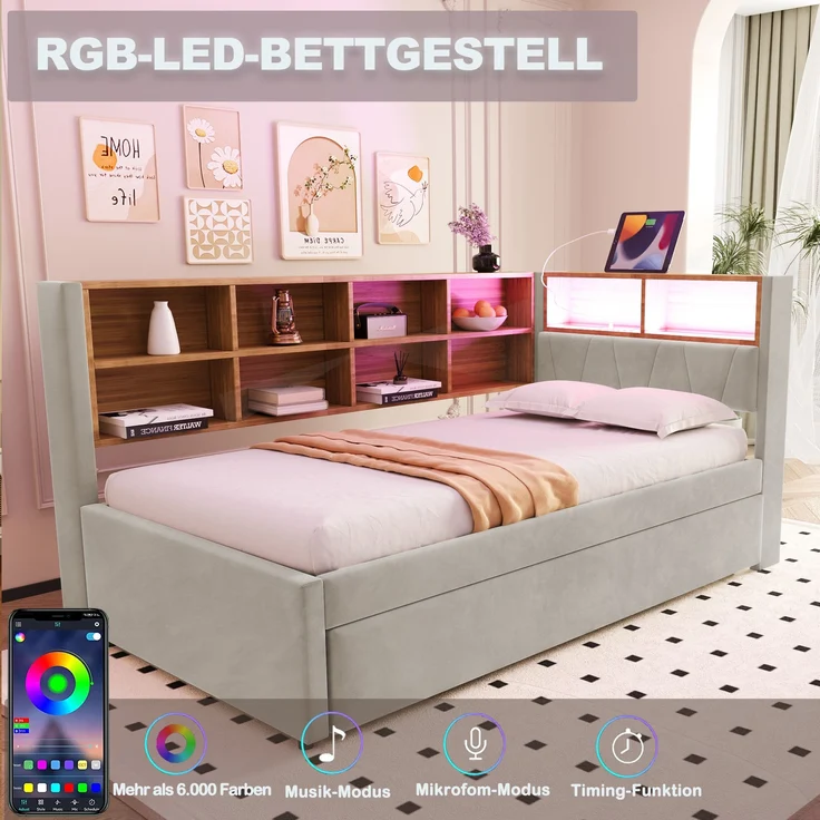 Bett 90x200 cm mit Ausziehbett 90x190 cm, Flanellbezug in Beige, mit Stauraum und LED-Beleuchtung – Bild 4