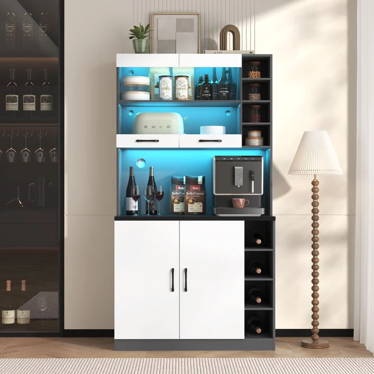 100x47x187cm, Küchenschrank, Buffet mit LED-Ambiente-Beleuchtung und Kabellöchern, Küchen-Highboard aus Holz, großer Platz für Mikrowelle, freistehend, höhenverstellbare seitliche Ablagefächer--Weiß + Grau--100x47x187cm--YOUDENOVA – Bild 7