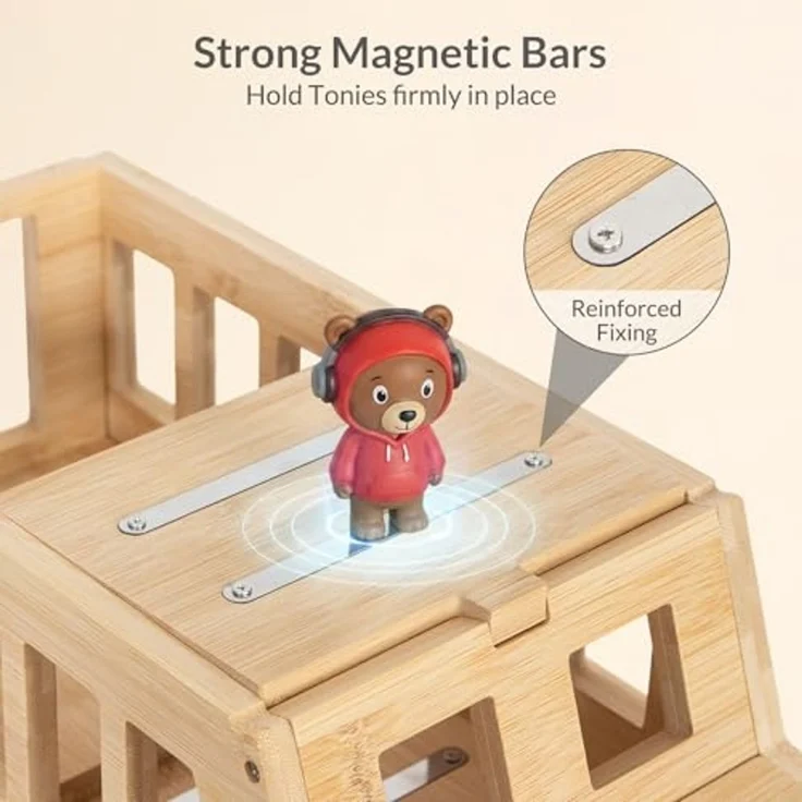 Todeco Tonie-Regal für Toniebox Hörfiguren, Magnetische Aufbewahrung für 20-30 Tonie, Verstärkte Magnetleisten, Freistehende Regale, Kinderregal für Mädchen & Jungen, 3D-Auto mit Rädern – Bild 5