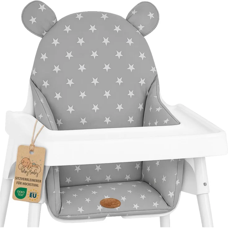 Sitzkissen für Hochstuhl faltbar Sitzverkleinerer – Baby Kissen Sitzauflage Stützkissen für Ikea Antilop Kinderstuhl und Babystuhl – handgemacht wasserabweisend Sterne und Grau