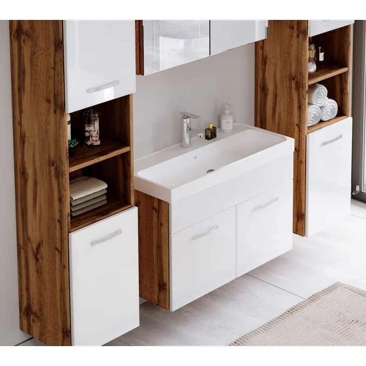 Badplaats Badmöbel Komplettset Paso XL LED 80x40 cm Eiche mit Weiß Hochglanz - Badezimmermöbel mit Waschbecken, Spiegelschrank und 2 Badezimmerschränke – Bild 5