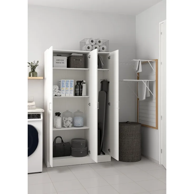 Dmora - Mehrzweckschrank Beaumont, Beistellschrank mit 3 Türen, Kleiderschrank mit Schuhregal, Besenkammer, 109x37h180 cm, Weiß