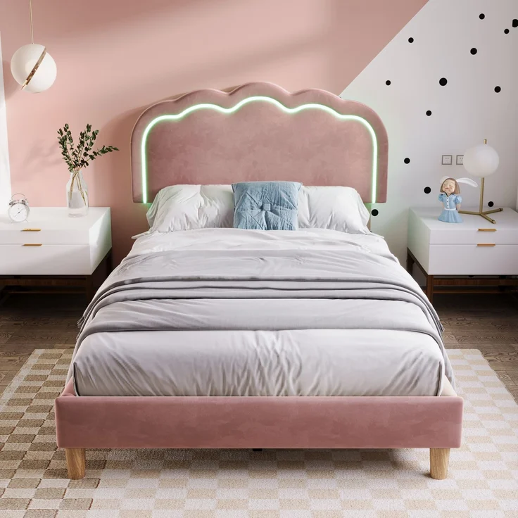 Polsterbett 90×190 cm aus Samt-Stoff mit LED-Beleuchtung, rosa – Bild 2