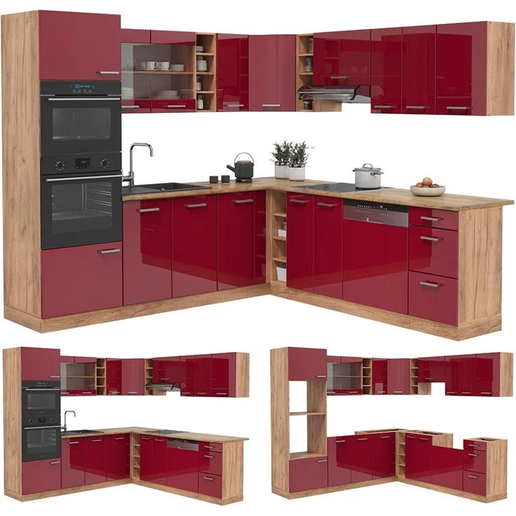 Eckküche R-Line Rot Hochglanz/Goldkraft Eiche 247 x 237 cm ohne Arbeitsplatte Vicco – Bild 6