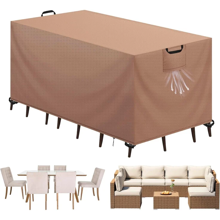 Aujink Abdeckung Gartenmöbel Winterfest, Wasserdichte Schutzhülle Gartenmöbel 420D Oxford Anti-UV Abdeckplane für Gartentische Terrassenmöbel Regenschutz und Staubfest Abdeckhaube Khaki 125 x 63 x 74 cm – Bild 1