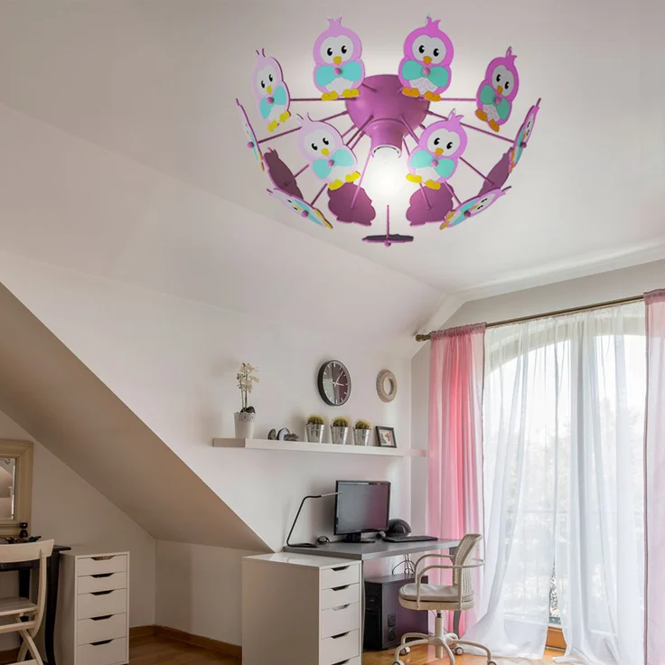 LED Kinder Deckenlampe, Metall Holz, Eulen rosa, D 41,5 cm – Bild 3