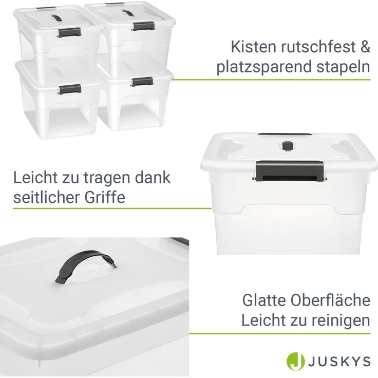 Juskys Aufbewahrungsbox mit Deckel, 4er-Set, stapelbar, Kunststoff transparent, 30 Liter – Bild 4