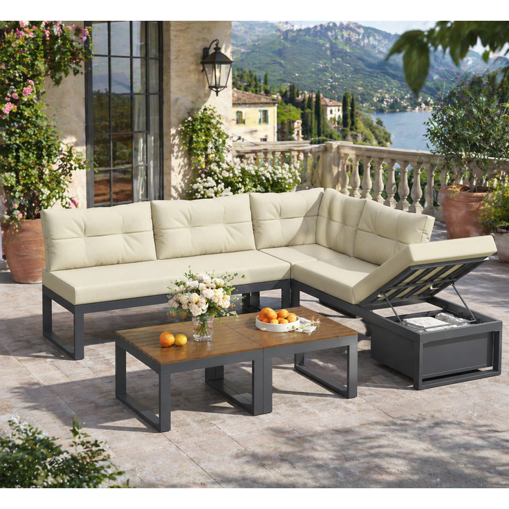 ZUBALIYA Garten-Loungeset - 191,5 x 191,5 x 79 cm , Beige , Polyester , verstellbare Rückenlehne , mit Stauraum – Bild 6