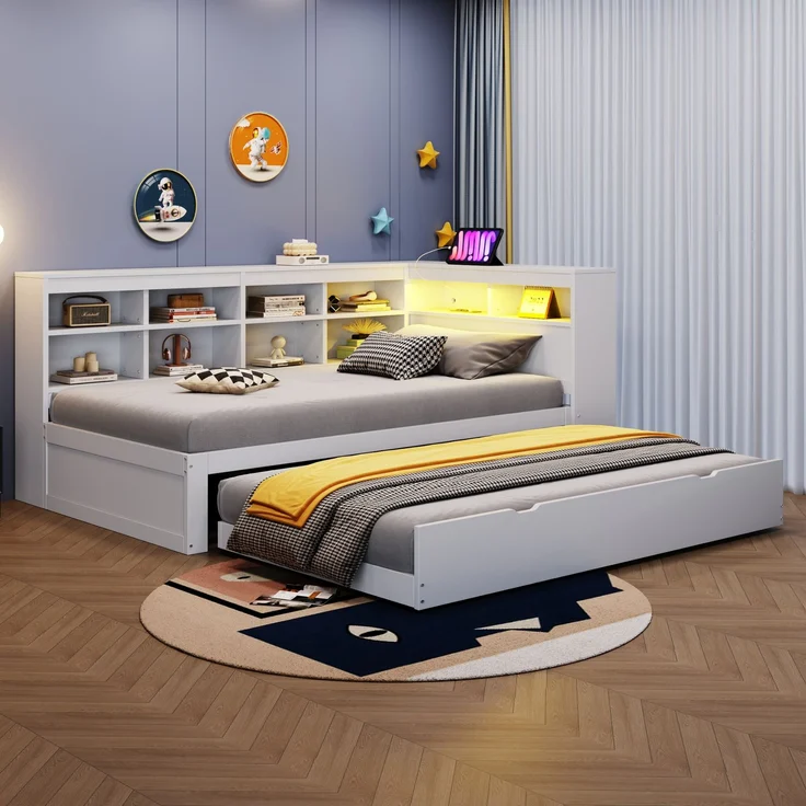 EINHOM Massivholzsofa 90 x 200 cm, mit Ausziehbarem Bett, mit USB-Steckdose und mit LED-Licht, mit Regalen und Ablagefächern, Viel Stauraum, Multifunktionales Einzelholzbett, Weiß, (Ohne Matratze) – Bild 4