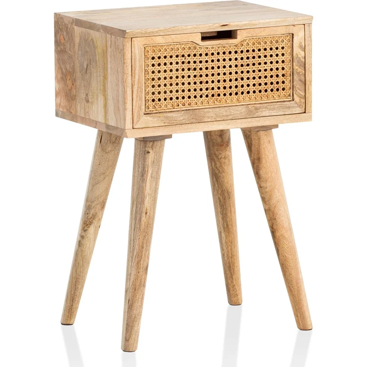 FINEBUY Nachttisch FB98155 (Massivholz / Rattan 40 x 60 x 30 cm Nachtschrank), Nachtkonsole mit Schublade, Nachtkästchen Modern – Bild 6