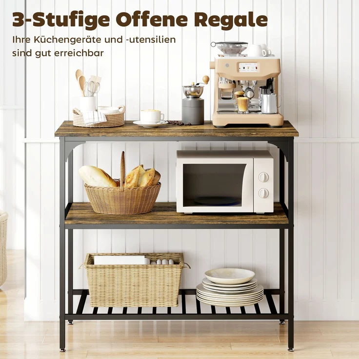 Bäckerregal, 3-stufiges Küchenregal mit Stahlrahmen, Rustikales Braun+Schwarz--Rustikal-Braun--90x50x100cm--YOUDENOVA – Bild 7