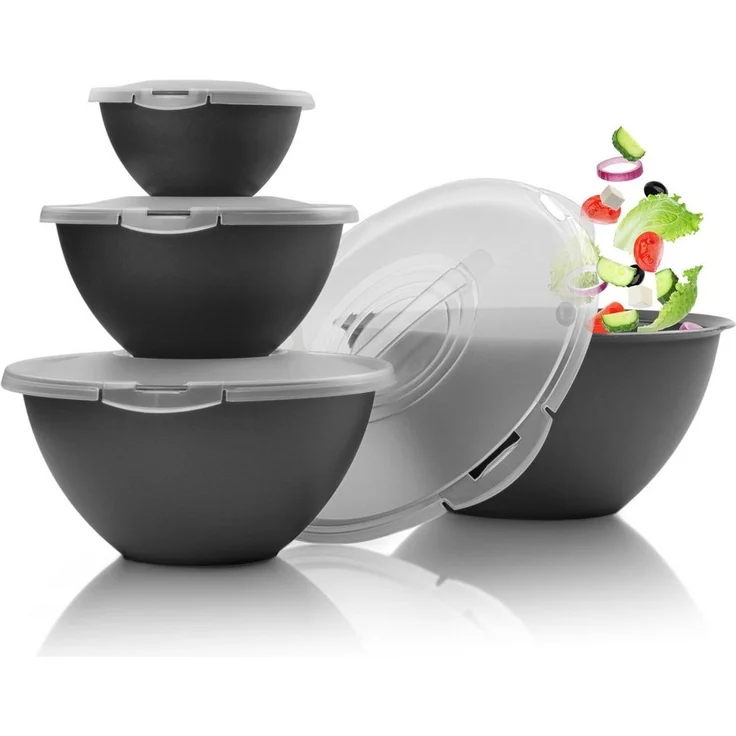 Hausfelder Salatschüssel Schüssel Set groß mit Deckel, 0,7-6 L Anthrazit Schwarz), Kunststoff, (8-tlg), Schüsseln 1x6 L, 1x3,6 L, 1x1,9 L, 1x0,7 L – Bild 1