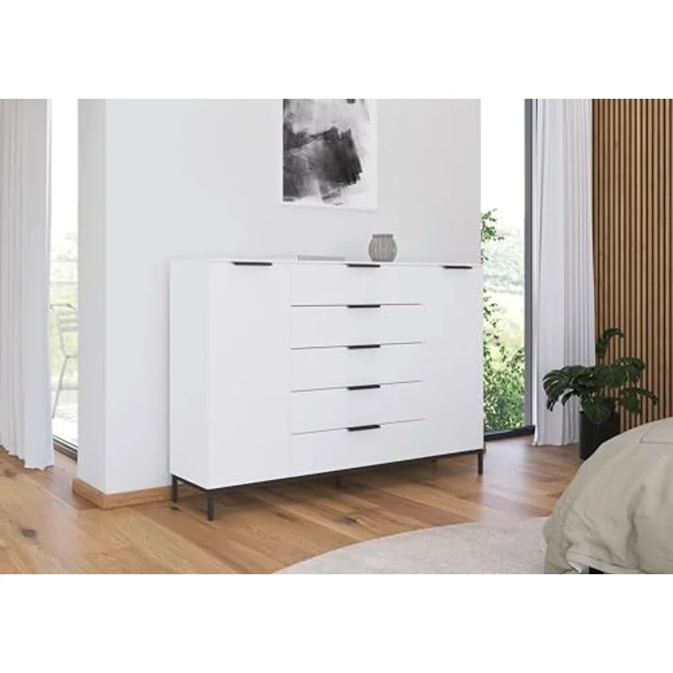 Rauch Möbel Flipp, Kombikommode, Kommode mit Stauraum für Wohnzimmer, Schlafzimmer, Flur, 4 Fachböden, mit Metallkufe graphit, Alpinweiß, 2-türig, 5 Schubkästen, Griffe graphit, 160 x 111 x 42 cm – Bild 3