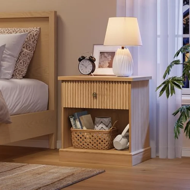 GarveeHome Nachttisch Mit Geriffelten Schubladen Und Offene Lagerung, Kommode Mit Metallgriffen, Nachttisch Mit 45 kg Tragkraft, Für Schlafzimmer Und Wohnzimmer, 57,7 x 39,6 x 61 cm – Bild 6