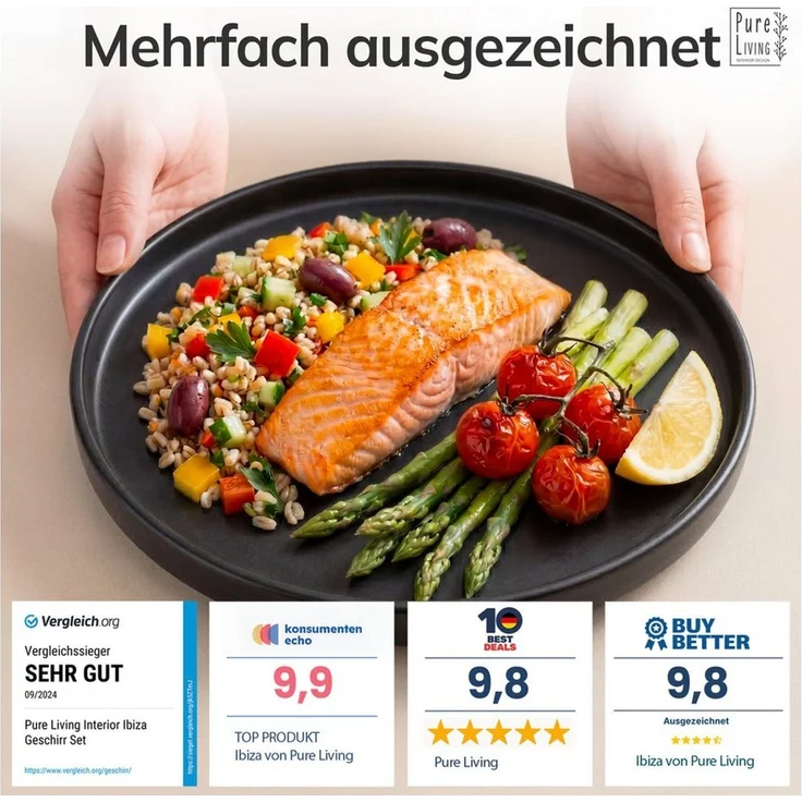 Steingut Geschirrset 12 Pers. Manhattan 36-tlg Hochwertiges Urban Style TEST SEHR GUT Steingut Geschirr Set- Schüssel- und Teller Set- Tafelservice 12 Personen Geschirrsets Pure Living in matt schwarz – Bild 3