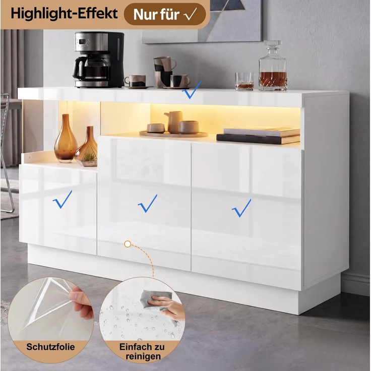 DESVIAE Sideboard mit LED-Beleuchtung und 3 Türen 140x80x36 cm aus PB und MDF Weiß – Bild 6