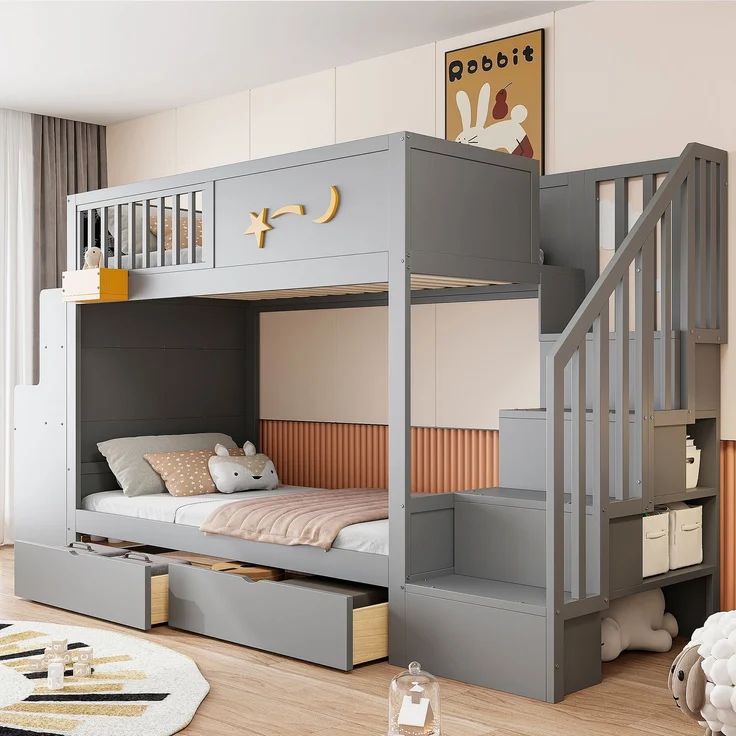 Etagenbett für Kinder mit Aufbewahrungsschubladen, Sicherheitstreppe, Schreibtisch und Sternenmotiv – 90 x 200 cm Massivholzrahmen aus Kiefernholz, Grau – Bild 1