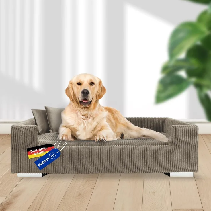 Rohrschneider Tiersofa Hundesofa Cord hoher Rand, waschbarer Bezug 4 Farben, robuster Cordstoff aus 100% Polyester, inkl. 2x Dekokissen