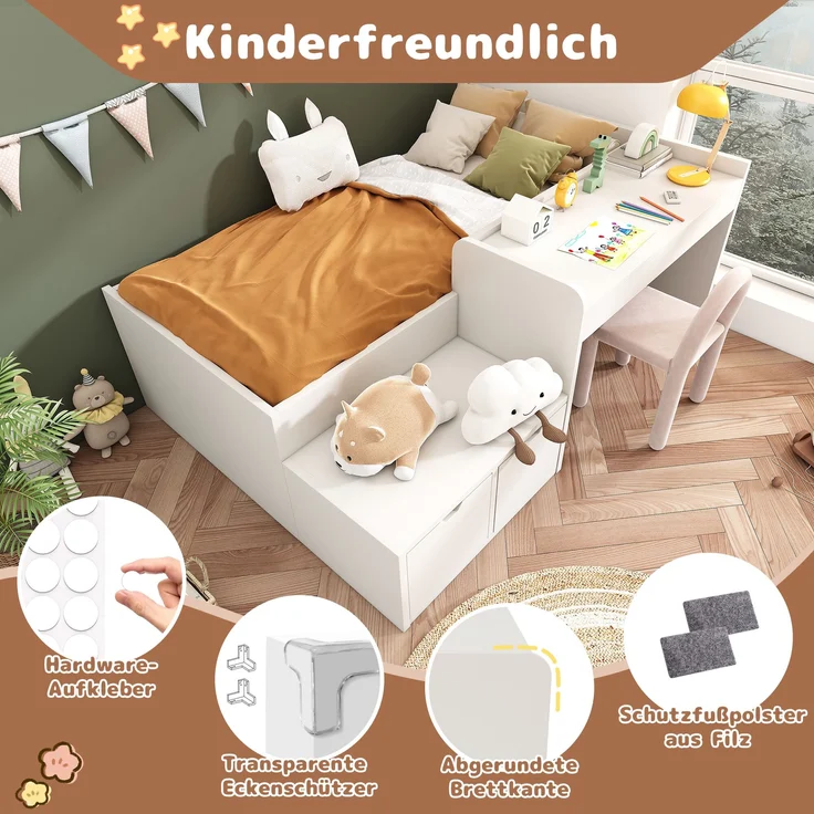 Kinderbett mit Schreibtisch & 2 Schubladen, Kiefer-Massivholz/MDF, 137x205x82,5 cm, Weiß, ohne Matratze – Bild 5