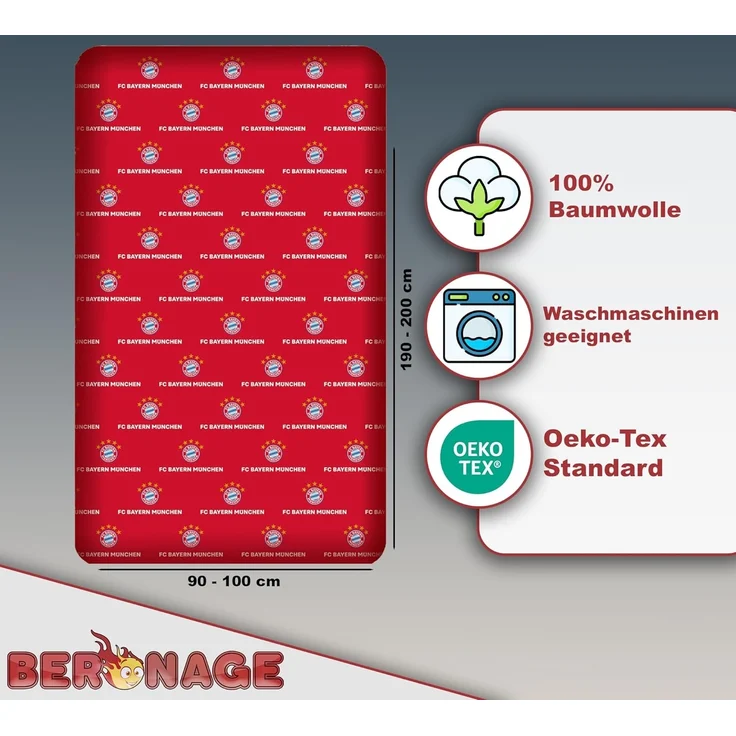 BERONAGE Spannbettlaken FC Bayern München Spannbettlaken Rot 90/100 x 190/200 cm, 100% Baumwolle, Gummizug: Ja, (1 Stück), passend z. Bettwäsche, Kissen, Decke, Badetuch, Teppich – Bild 2