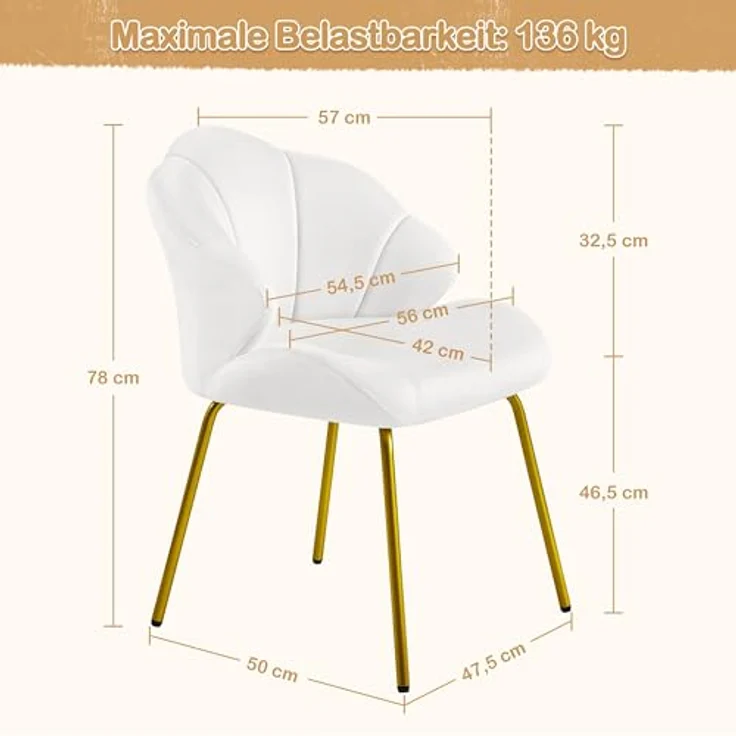 Yaheetech Sessel Loungesessel in Muschelform, Ohrensessel modern, Polsterstuhl mit Metallbeinen, Polyester, für Wohnzimmer/Schminktisch/Schlafzimmer, Weiß – Bild 4