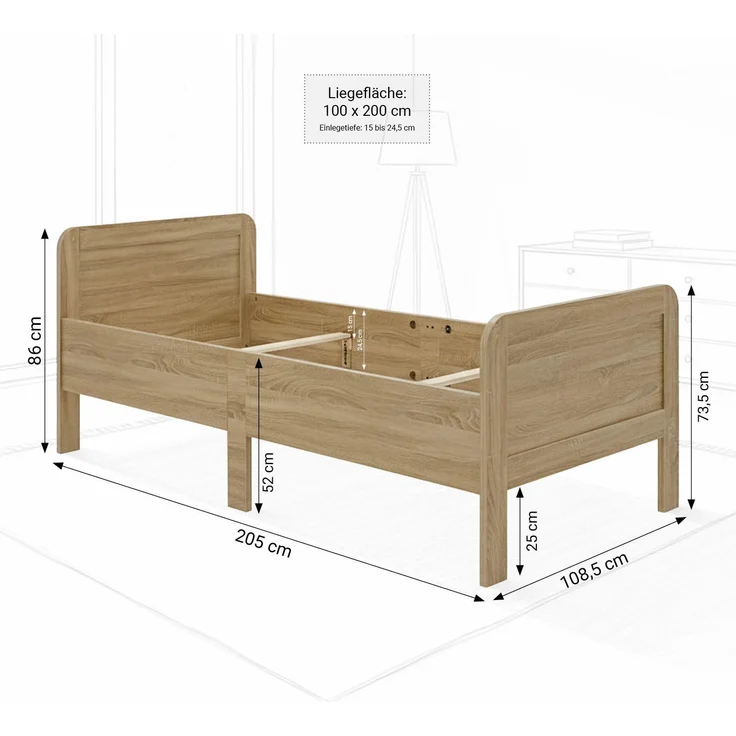 Komfortbett 100x200 Seniorenbett Höhenverstellbar Holzbett Eiche Einzelbett Hohes Bett Bettgestell – Bild 3