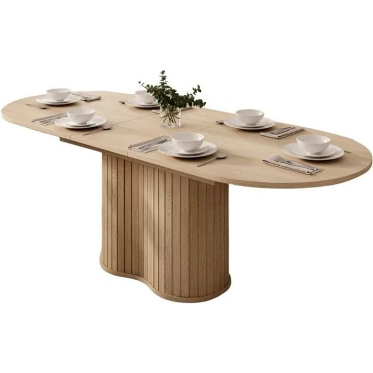 Compleo Esstisch Eiche cremona, kegelförmige Basis, Design-Rundtisch mit Lamellen (Oval), ausziehbar 180-220 cm – Bild 4