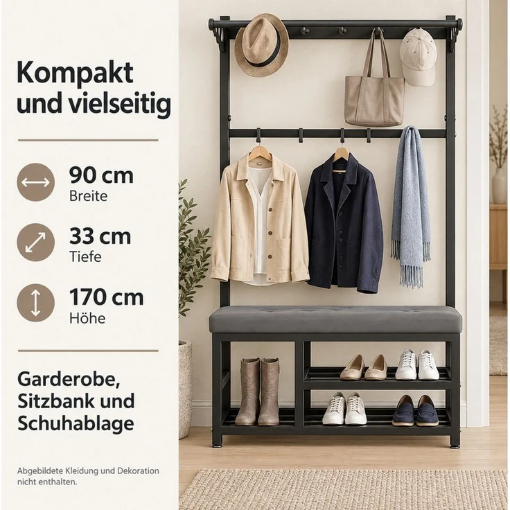 Fyrove Garderobenständer Garderobe Flur mit Schuhregal, Sitzbank und 9 Haken für Kleidung, (Schuhregal,Garderobe), flurgarderobe, garderobe flur – Bild 2