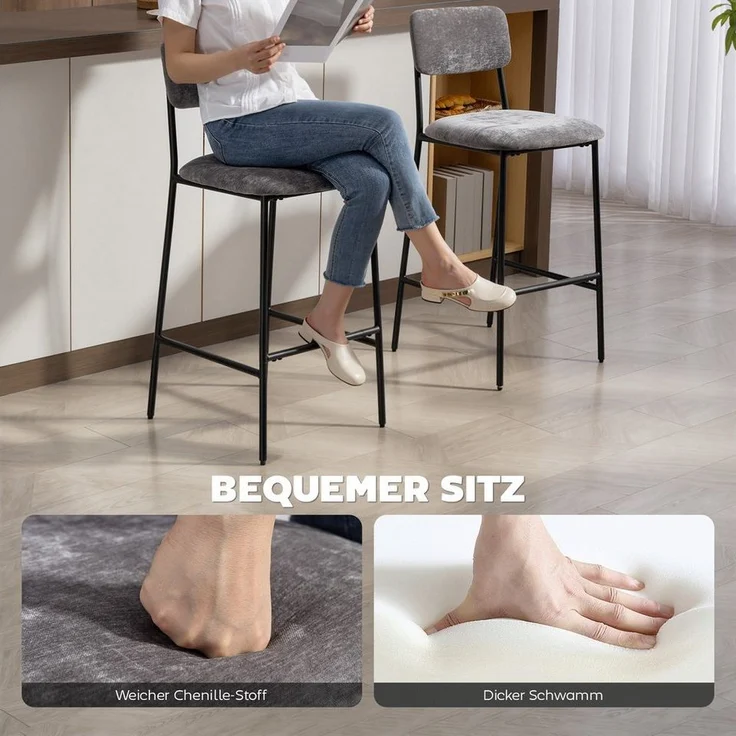 HOMCOM Barhocker mit Rückenlehne, Fußstütze (Barstuhl, 2 St, Bistrohocker), für Küche, Esszimmer, Grau – Bild 3