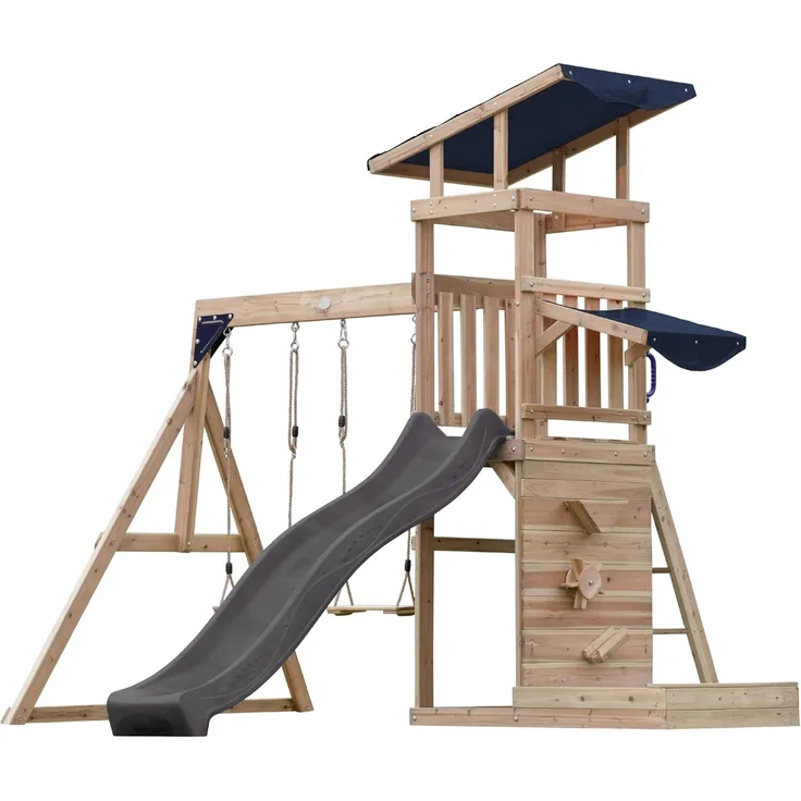 AXI Malik Spielturm aus Holz mit 2 Schaukeln XXL Spielhaus / Spielplatz für Kinder mit Sandkasten, Spielwand & Rutsche in Grau | Braun, Grau | Holz | 336 cm