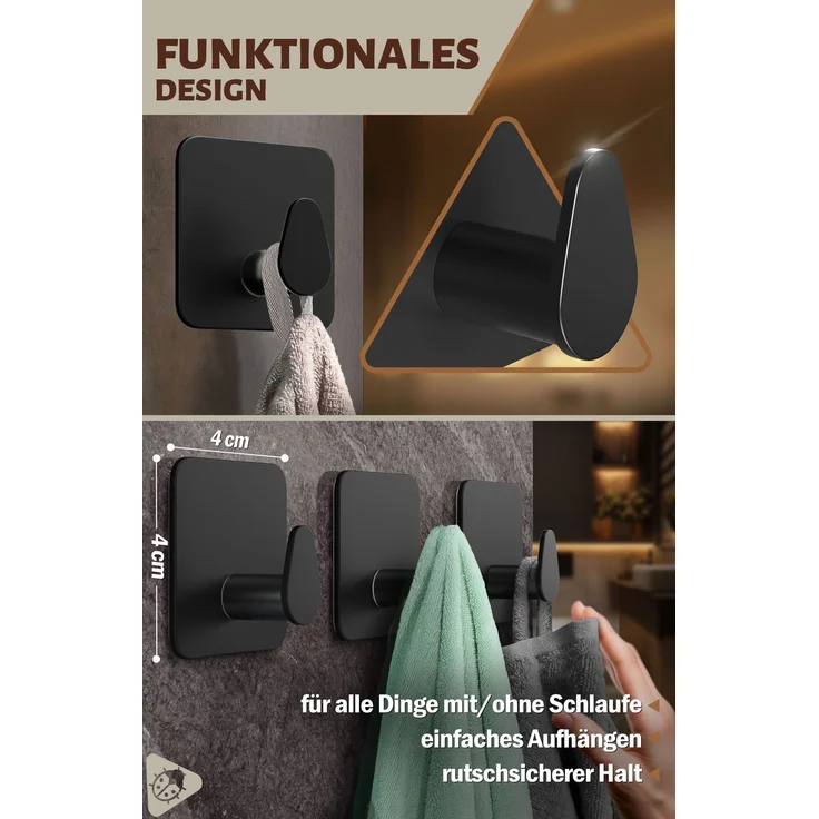 Lindenstein Ovale Klebehaken 6er-Set Schwarz – Edelstahl V2A, 3M-Klebepads – Bild 3