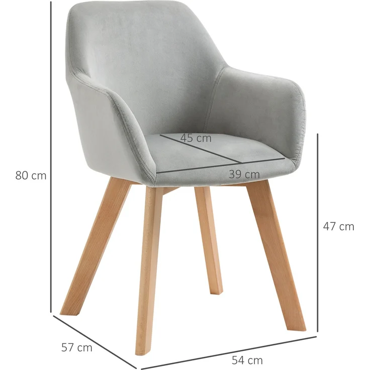 HOMCOM Esszimmerstuhl, Samt(100% Polyester), Gummiholz, Grau, 54L x 57B x 80H cm – Bild 3