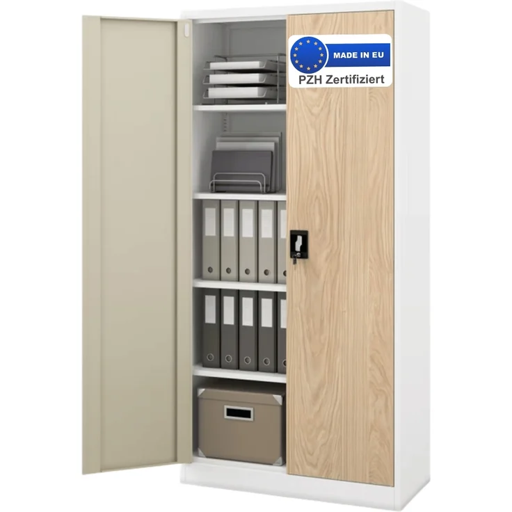 Aktenschrank abschließbar KADO - 5 Ebenen verstellbar, Flügeltüren | Metallschrank Werkstatt Mehrzweckschrank Büroschrank aus Stahl Werkzeugschrank, 195x90x40cm Weiß-Sonoma Eiche – Bild 1