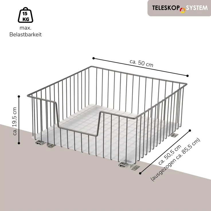 Schrank-Korbauszug für 50 cm Schrank mit Einlegeboden, aus Metall, grau – Bild 7