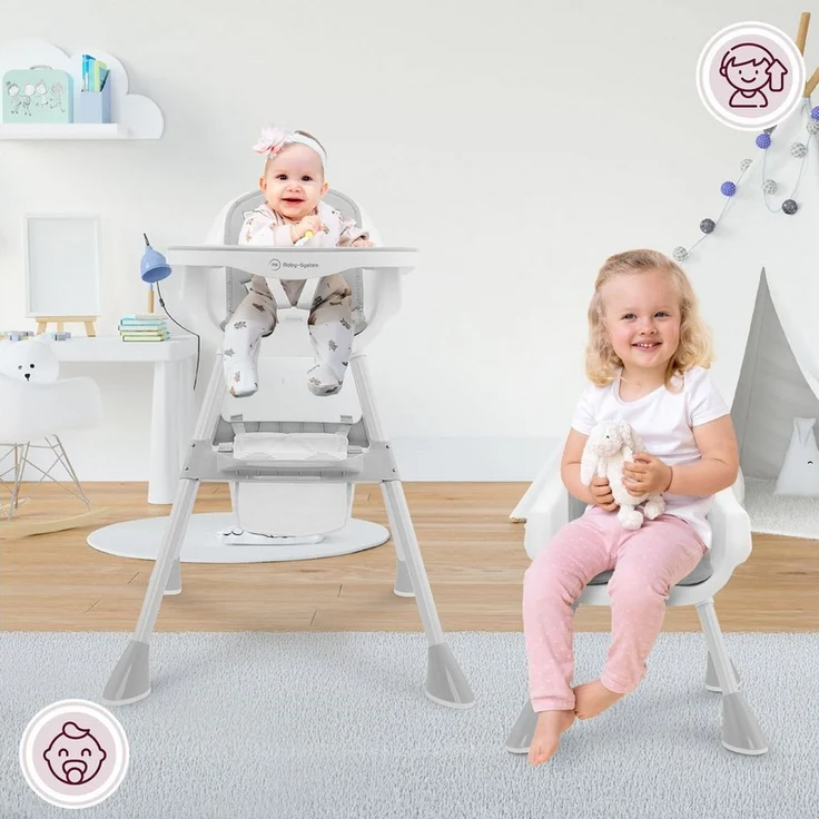 Moby-System Verstellbarer Hochstuhl Magnolia 2in1 mit Tablett und Kunstleder-Einlage – Grau, Ab 6 Monaten – Bild 3