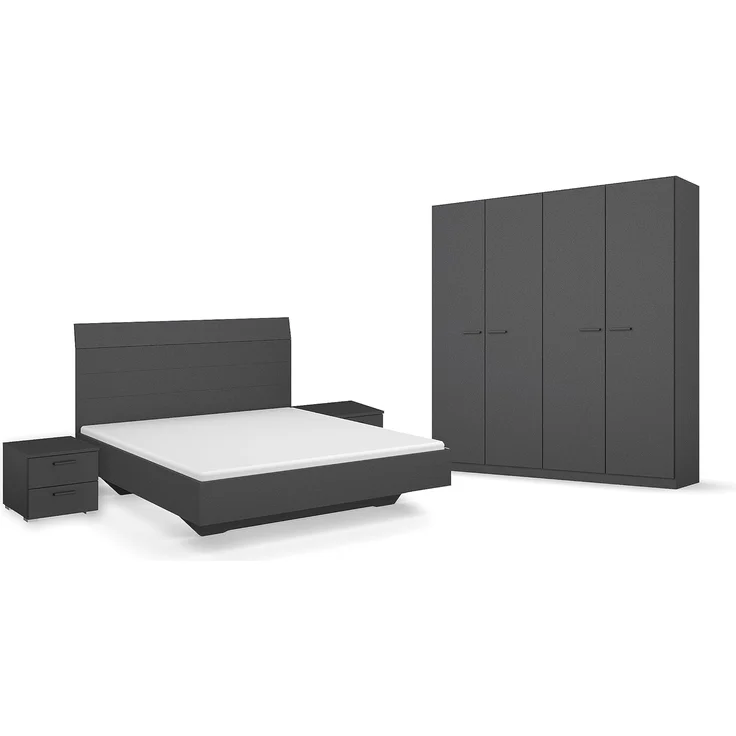 Rauch Möbel Florenz Schlafzimmer, Grau metallic, Schwarz, bestehend aus Bett mit Liegefläche 160x200 cm inklusive 2 Nachttische und Drehtürenschrank BxHxT 181 x 210 x 54 cm