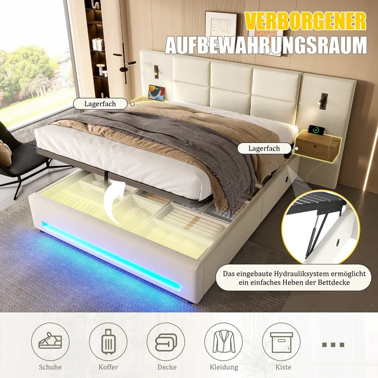 TavilaEcon Boxspringbett mit Samtkopfteil, praktischen Stauschubladen und LED-Nachtlicht beige Liegefläche 180 × 200 cm – Bild 4