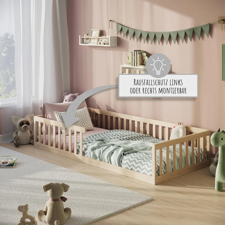 Kids Collective Kinderbett Bodenbett Bett mit Rausfallschutz & Lattenrost Montessori Bett Kinder (weitere Größen, 120x200, 140x200 cm), Jugendbett Einzelbett optional mit Matratze, natur Kiefer 90x200 cm – Bild 3