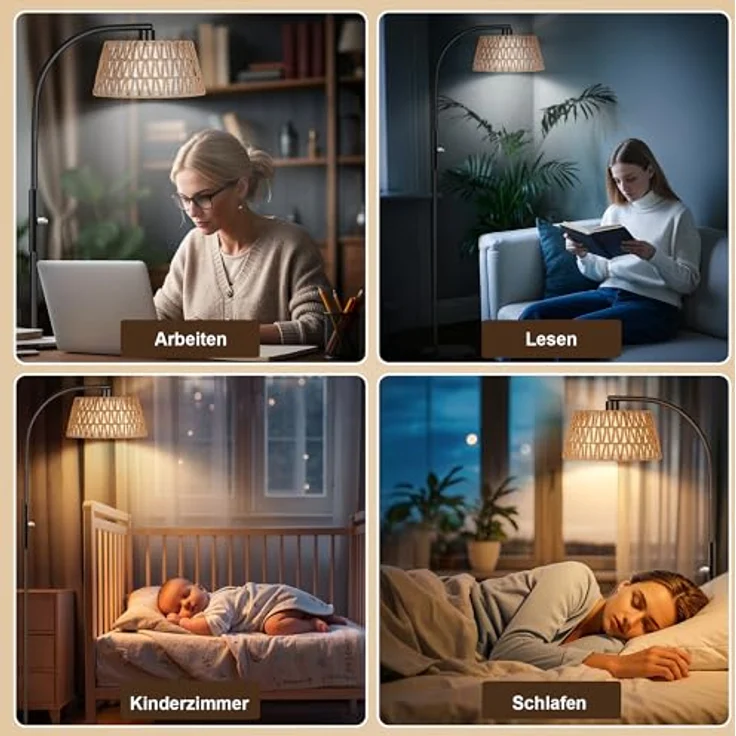 ROTTOGOON Bogen Rattan Stehlampe für Wohnzimmer 3 Farbtemperaturen Dimmbare 9W LED mit Fernbedienung Boho Landhausstil Stehleuchte für Schlafzimmer Büro Schwarz – Bild 5