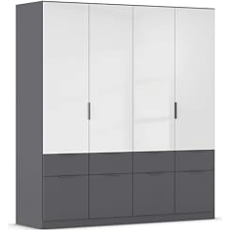 Rauch Möbel Aberdeen, Drehtürenschrank, Kleiderschrank, Garderobe, 4-türig, 8 Schubladen in Absetzung Grau metallic, Schwarz, Farbe Grau metallic/Hochglanz weiß, Griffe Grau metallic, 181 x 197 x 54 cm – Bild 2